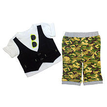 Babyrageous Boys 2 Piece white Faux Vest and Sunglasses Short Sleeve Top and Green Camo Print Pant Set