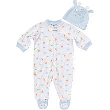 Gerber Boys White Animal Printed Footie with Foot Applique and Light Blue 3D Hat