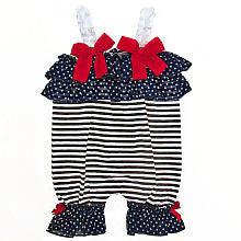 Babyrageous Girls Navy/White Striped Sunsuit with Polka Dot Ruffle Accent and Red Bow Detail