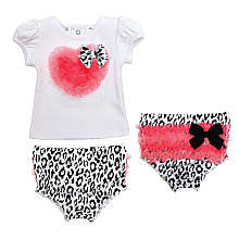 Babyrageous Girls 2 Piece White Rosette Heart and Bow Short Sleeve Top and Matching Ruffle Bottom Diaper Cover Set