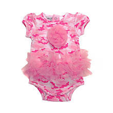 Babyrageous Girls Pink Camo Print Pink Rosette Short Sleeve Tutu Bodysuit