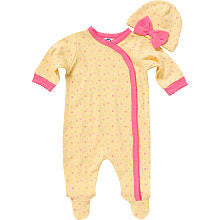 Gerber Girls Yellow Printed Footie with Pink Accents and Hat with Bow Detail