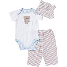 Gerber Boys 3 Piece White Bear "Cuddly" Appliqued Lap Shoulder Onesie, Light Brown Striped Pant and Matching Hat Set