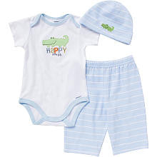 Gerber Boys 3 Piece White Alligator "Happy" Appliqued Lap Shoulder Onesie, Light Blue Striped Pant and Matching Hat Set