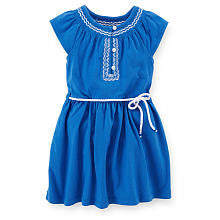 Carter's Girls Blue Knit Dress with Embroidered Smocked Neckline and Rope Belt