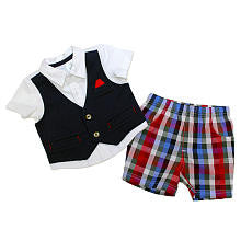 Koala Baby Boutique Boys 2 Piece White Faux Navy Vest Short Sleeve Button Down Shirt and Red Plaid Shorts Set