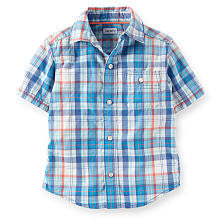 Carter's Boys Blue/Orange Plaid Button Down Woven Shirt with Pocket Detail