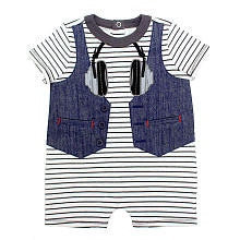 Babyrageous Boys Black/White Striped Faux Denim Vest and Headphone Printed Short Sleeve Romper