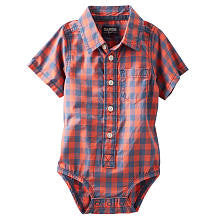 OshKosh Boys Red/Blue Gingham Print Short Sleeve Button Down Bodysuit Shirt