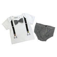 Babyrageous Boys 2 Piece White Faux Gingham Print Bow Tie and Suspenders Short Sleeve Top and Matching Diaper Cover Set