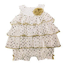 Koala Baby Boutique Girls White/Gold Polka Dot Tiered Ruffle Sunsuit with Flower Detail