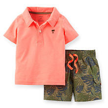 Carter's Boys 2 Piece Orange Polo Top and Camo Printed Woven Cargo Short Set