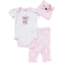 Gerber Girls 3 Piece Light Pink Bear Appliqued Lap Shoulder Onesie, Heart Printed Pant with Ruffles and 3D Hat Set