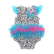 Babyrageous Girls Black/White Leopard Print Tutu Bodysuit with Pink and Blue Accent