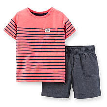 Carter's Boys 2 Piece Pink Striped T Shirt with Pocket Detail and Denim Chambray Short Set