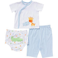 Gerber Boys 3 Piece Animal Appliqued White Wrap Top with Blue Accents, Light Blue Pant and Printed Diaper Cover Set