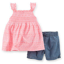 Carter's Girls 2 Piece Light Pink Floral Printed Tank Top with Smocked Detail and Denim Chambray Short Set