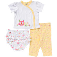 Gerber Girls 3 Piece Owl Appliqued White Wrap Top with Yellow Accents, Yellow Pant and Printed Diaper Cover Set