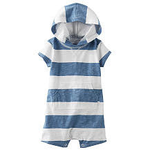 baby B'gosh Boys Blue/White Striped Short Sleeve Hooded Romper with Kangaroo Front Pocket