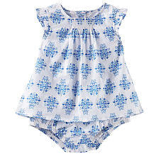 baby B'gosh Girls White/Blue Brocade Print Flutter Sleeve Tunic Top and Tiered Ruffle Bottom Diaper Cover Set