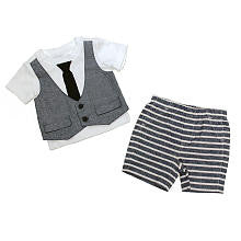 Koala Baby Boutique Boys 2 Piece White Faux Vest and Tie Short Sleeve Top and Blue Striped Shorts Playwear Set