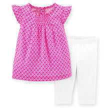 Carter's Girls 2 Piece Pink Printed Lawn Top with Flutter Sleeves and White Capri Legging Set