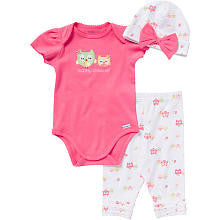 Gerber Girls 3 Piece Pink Owl Appliqued Lap Shoulder Onesie, Printed White Pant with Ruffle and Hat with Bow Detail Set