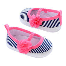 Carter's Girls Navy Striped Soft Sole Mary Jane Shoe with Pink Accent and Flower Poof