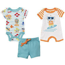 Koala Baby Boys 3 Piece Teal/Orange Surf Animals Playwear Set with Short Sleeve Bodysuit, Romper and Shorts