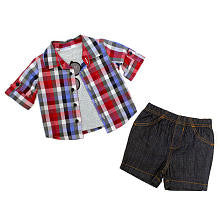 Koala Baby Boutique Boys 3 Piece Light Grey Faux Sunglasses Printed Top, Red Plaid Button Down and Shorts Playwear Set