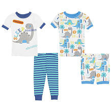 Koala Kids Boys 4 Piece Blue/White 'Sleeposaurus' Dinosaur Pajama Set with 2 Short Sleeve Shirts, Shorts and Pants