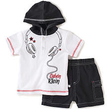 Calvin Klein Boys 2 Piece White/Black Faux Headphones Short Sleeve Hooded Henley Top and Cargo Pocket Short Set