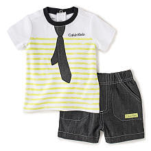 Calvin Klein Boys 2 Piece White Faux Tie Short Sleeve Graphic T Shirt and Shorts Set