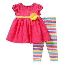 Youngland Girls 2 Piece Pink Empire Waist Lace Overlay Dress with Yellow Flower Detail and Striped Legging Set