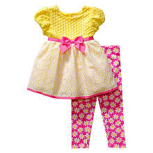 Youngland Girls 2 Piece Yellow/White Empire Waist Tunic with Pink Trim and Floral Print Legging Set