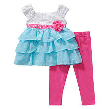 Youngland Girls 2 Piece White Empire Waist Light Blue Polka Dot Ruffle Tiered Sleeveless Tunic and Pink Legging Set