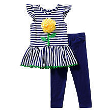 Youngland Girls 2 Piece Navy Striped Flutter Sleeved Tunic with 3D Flower Detail and Navy Legging Set