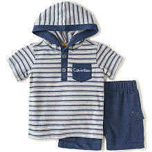 Calvin Klein Boys 2 Piece Blue Striped Short Sleeve Hooded Henley Top and Cargo Pocket Shorts Set