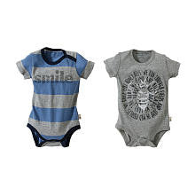 Burt's Bees Baby Boys Organic 2 Pack Blue/Grey Striped "Smile" and Grey Bee Graphic Short Sleeve Bodysuits