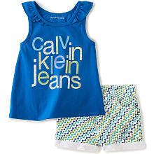 Calvin Klein Girls 2 Piece Purple and Green Logo Glitter Tank Top and Patterned Short Set