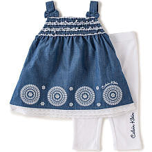 Calvin Klein Girls 2 Piece Blue Denim Chambray Sleeveless Tunic and White Leggings Set- 12-24 Months