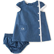 Calvin Klein Girls Blue Denim Chambray Dress with Lace Detail and Diaper Cover Set - 12-24 Months