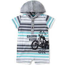 Calvin Klein Boys Blue/Grey Striped Motorcycle Printed Short Sleeve Hooded Henley Romper