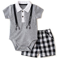 Calvin Klein Boys 2 Piece Grey Faux Suspender Print Polo Bodysuit and Gingham Print Shorts Playwear Set