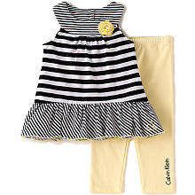 Calvin Klein Girls 2 Piece Black/White Striped Sleeveless Drop Waist Tunic and Yellow Leggings Set