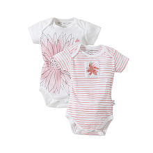 Burt's Bees Girls 2 Pack Organic Pink Stripe and Flower Print Short Sleeve Lap Shoulder Bodysuits