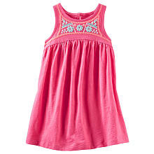 OshKosh Girls Pink Slub Jersey Sleeveless Dress with Neckline Embroidery Detail- Toddler