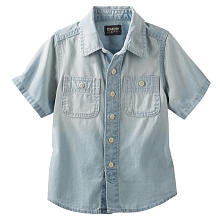 OshKosh Boys Light Blue Denim Chambray Short Sleeve Bottom Down Shirt- Toddler