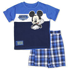 Disney Boys 2 Piece Blue Mickey Mouse Short Sleeve T Shirt and Plaid Shorts Playwear Set- Toddler