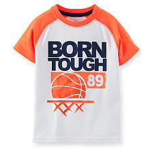 Carter's Boys White "Born Tough" Basketball Screen Printed Poly Knit T Shirt with Orange Raglan Sleeves